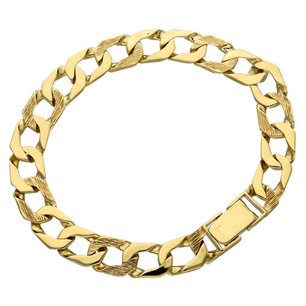 9ct Yellow Gold Bark & Plain Effect Curb Bracelet - 9.5"