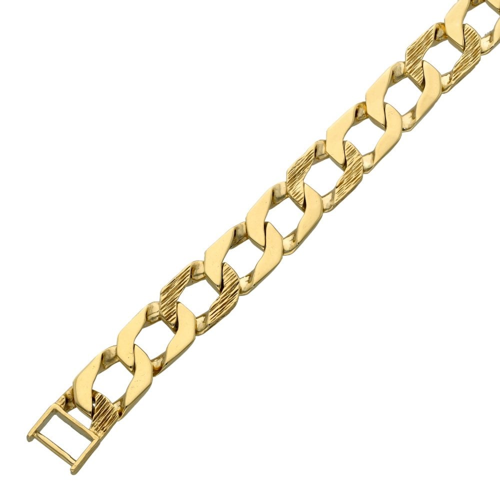 9ct Yellow Gold Bark & Plain Effect Curb Bracelet - 9.5"