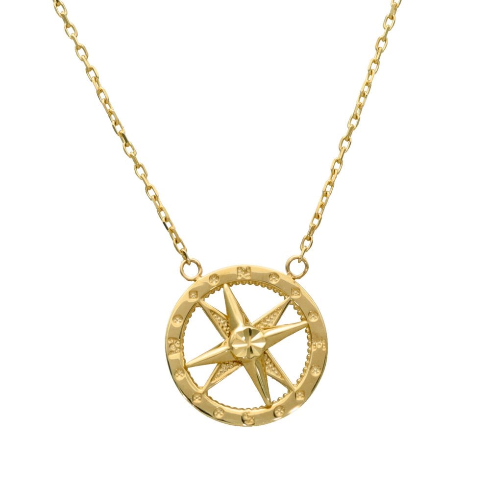 9ct Yellow Gold Compass Pendant & 16"/18" Trace Chain