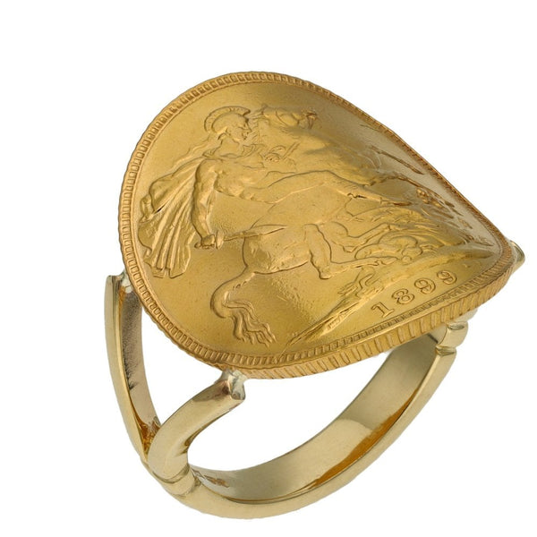 1899 Yellow Gold Full Sovereign Coin Bent Over Ring - Size Q