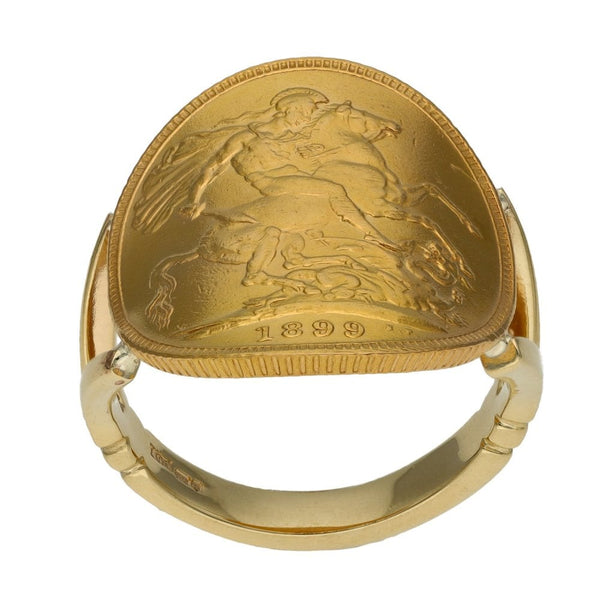 1899 Yellow Gold Full Sovereign Coin Bent Over Ring - Size Q
