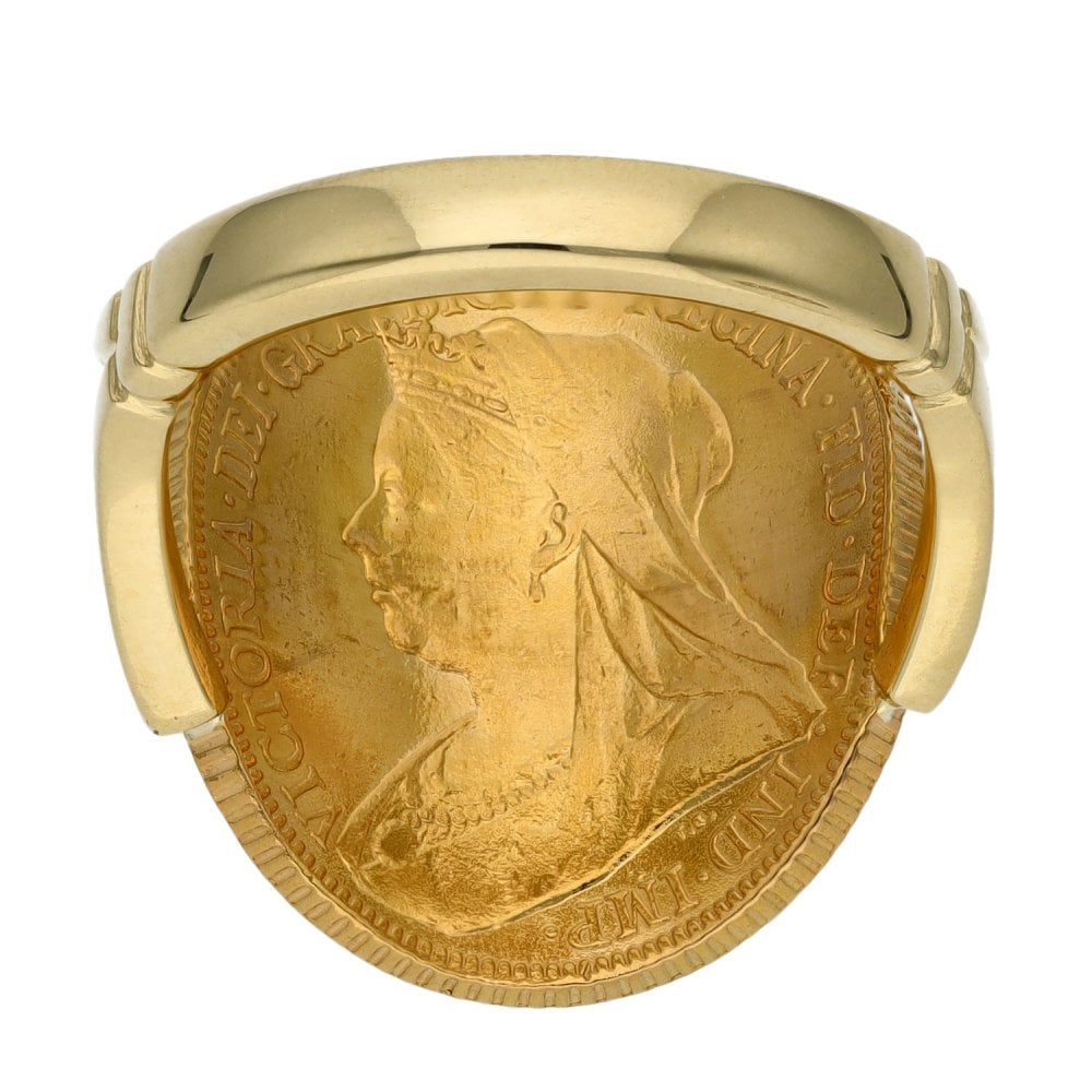 1899 Yellow Gold Full Sovereign Coin Bent Over Ring - Size Q
