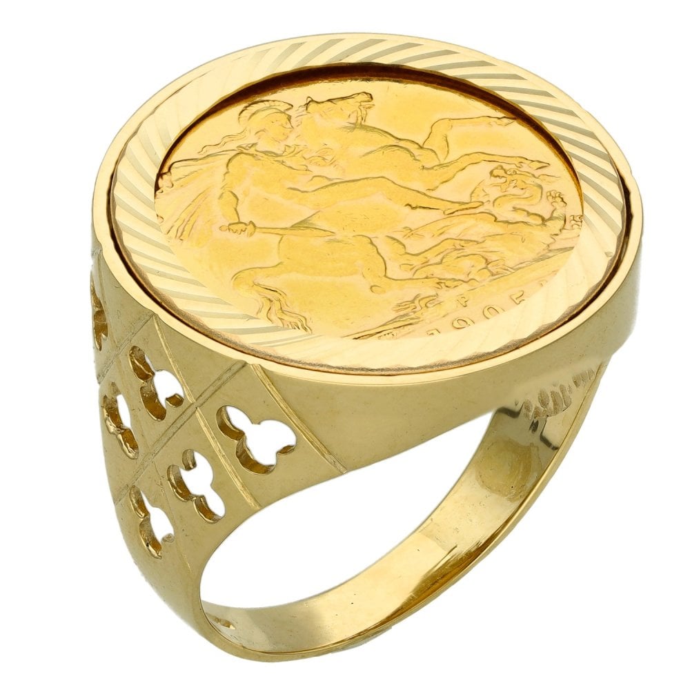 1905 Yellow Gold Full Sovereign Coin Mounted Ring - Size Y