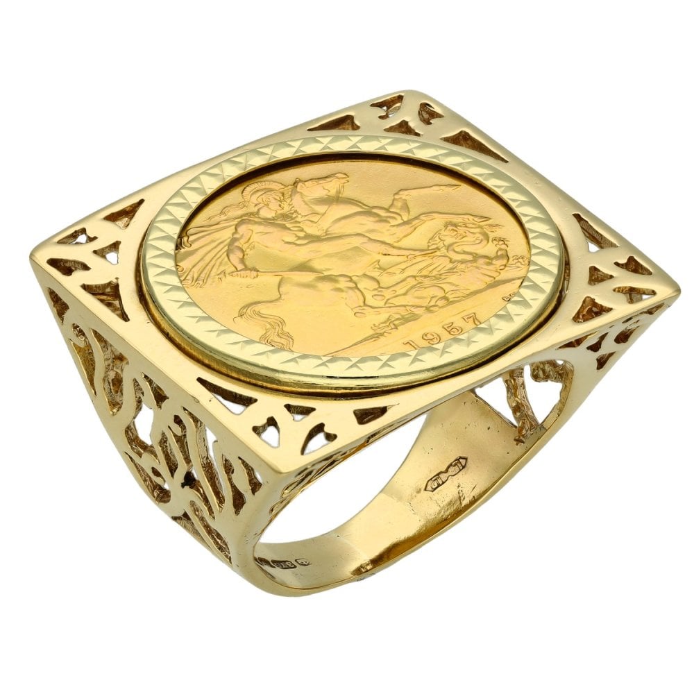 1957 Yellow Gold Full Sovereign Mounted Coin Ring - Size Q