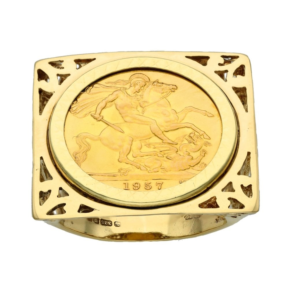 1957 Yellow Gold Full Sovereign Mounted Coin Ring - Size Q