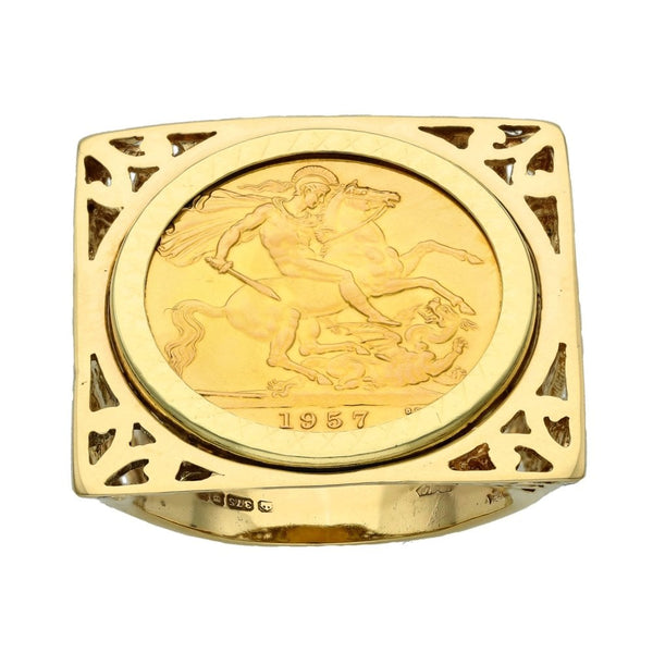 1957 Yellow Gold Full Sovereign Mounted Coin Ring - Size Q
