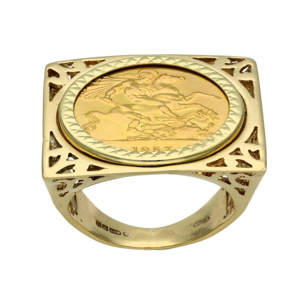 1957 Yellow Gold Full Sovereign Mounted Coin Ring - Size Q