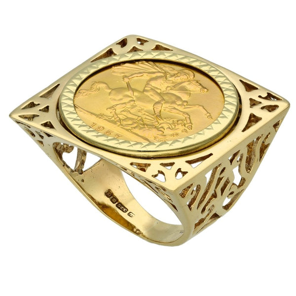 1957 Yellow Gold Full Sovereign Mounted Coin Ring - Size Q