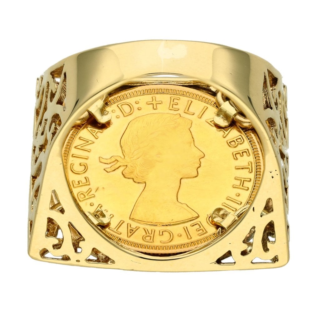 1957 Yellow Gold Full Sovereign Mounted Coin Ring - Size Q