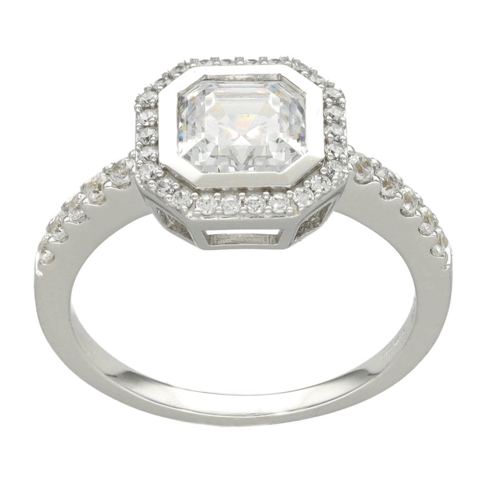 Ladies 9ct White Gold Cushion Cut Cubic Zirconia Halo Ring