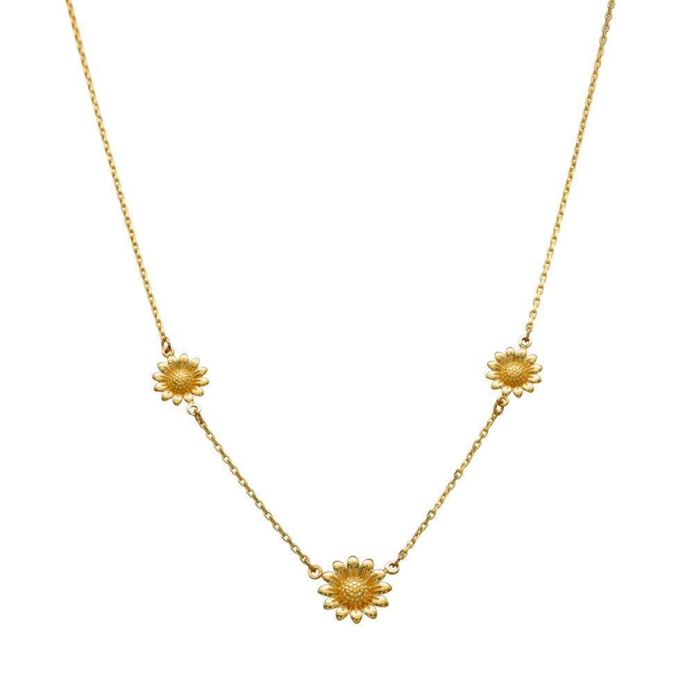 9ct Yellow Gold Triple Sunflower Necklace - 16x18" - 2.2g