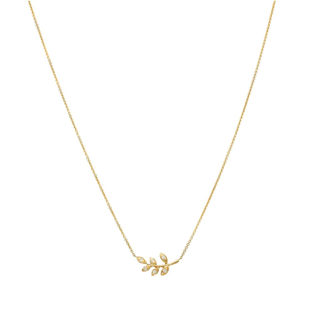 9ct Yellow Gold Diamond Fern Pendant & Chain - 16/18" - 0.04ct