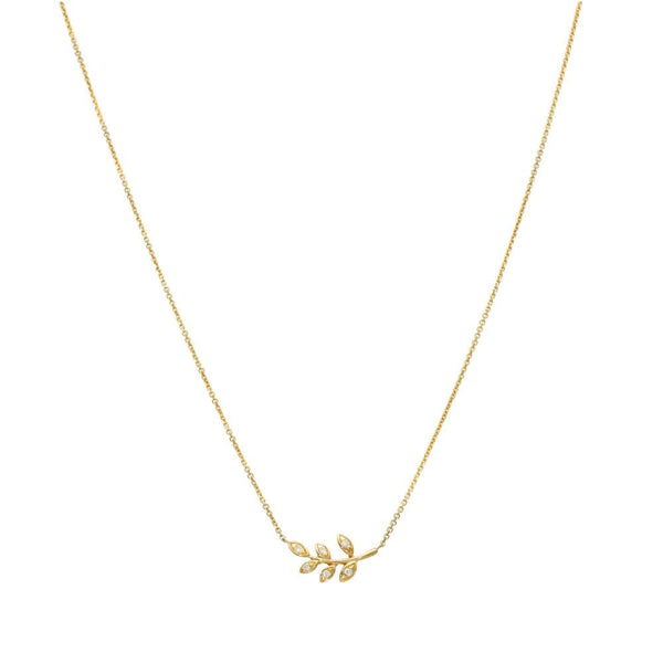 9ct Yellow Gold Diamond Fern Pendant & Chain - 16/18" - 0.04ct