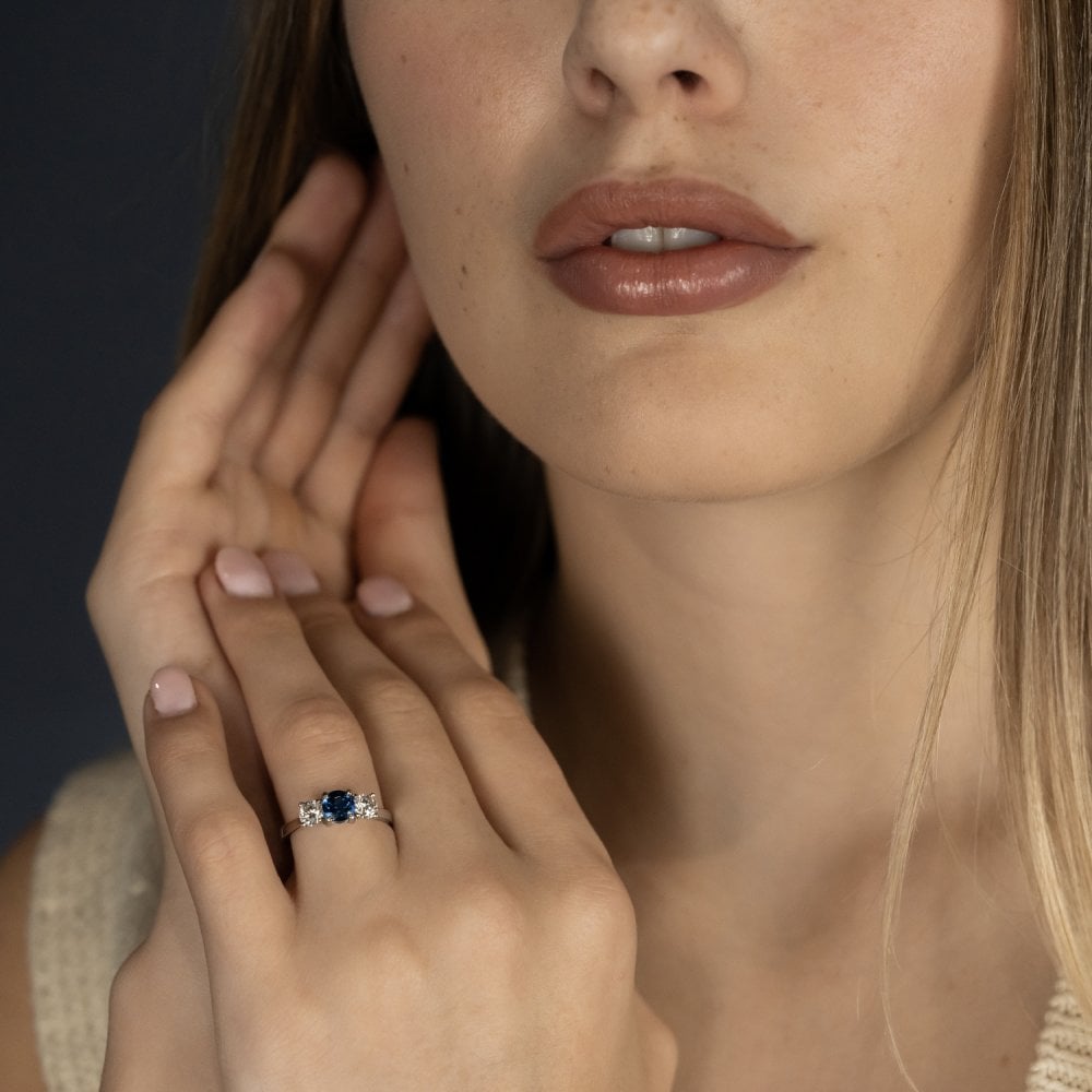 950 Platinum Diamond & Sapphire Trilogy Ring - Size M - 0.68ct