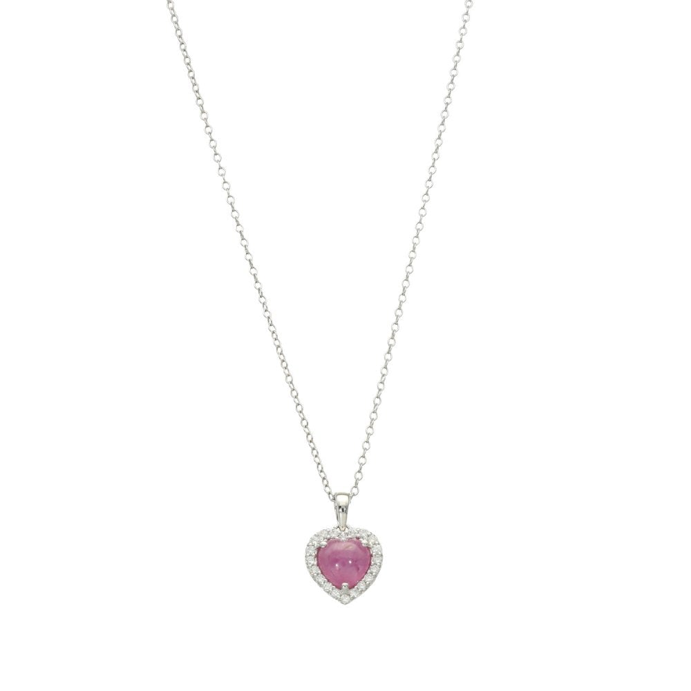 Ladies 9ct White Gold Diamond & Pink Sapphire Pendant & Chain
