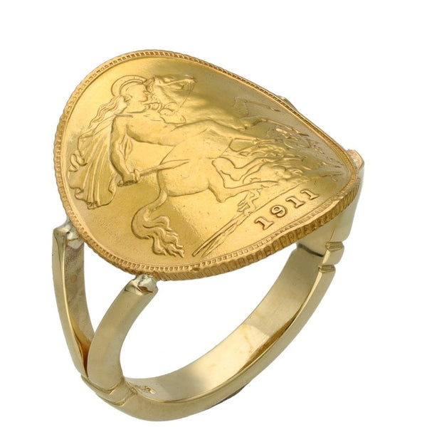 9ct Yellow Gold 1911 Half Sovereign Bent Over Coin Ring