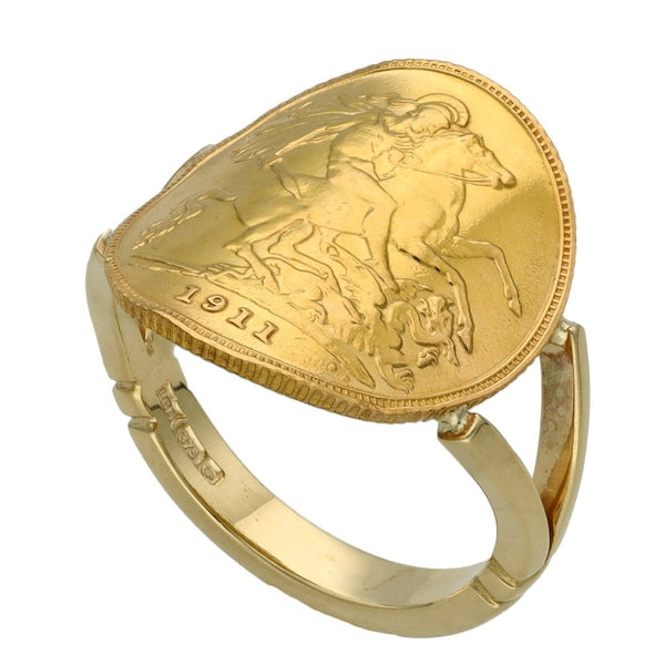 9ct Yellow Gold 1911 Half Sovereign Bent Over Coin Ring