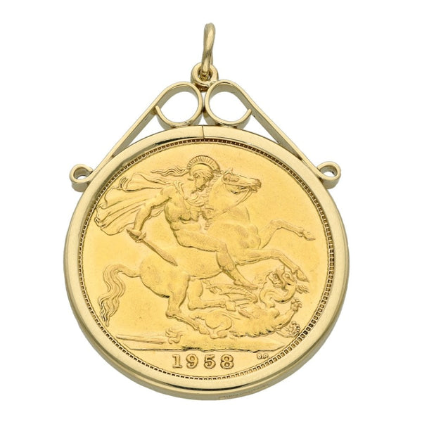 9ct Yellow Gold 1958 Full Sovereign Coin Pendant - 9.4g