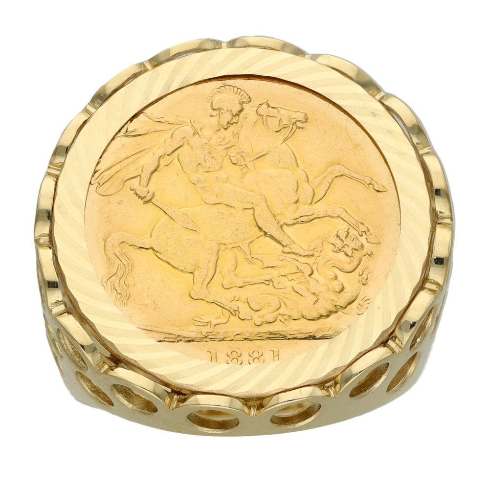 Yellow Gold 1881 Full Sovereign Coin Ring - Size T