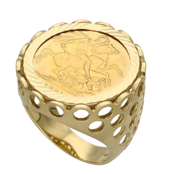 Yellow Gold 1881 Full Sovereign Coin Ring - Size T