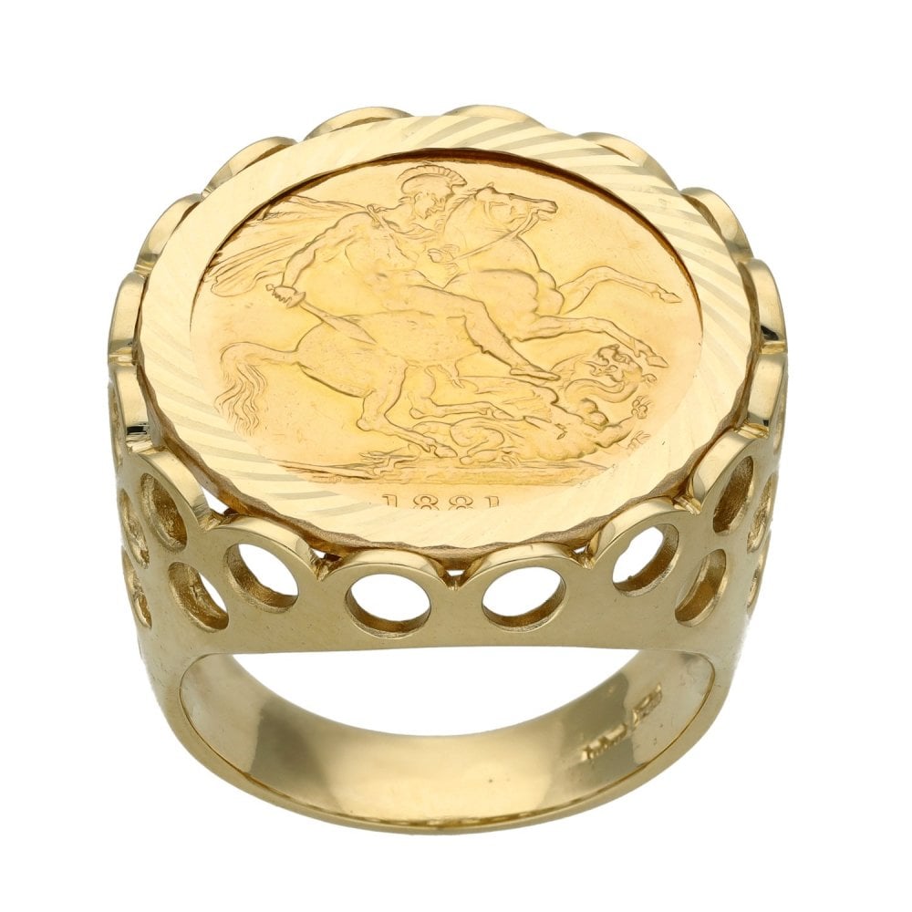 Yellow Gold 1881 Full Sovereign Coin Ring - Size T