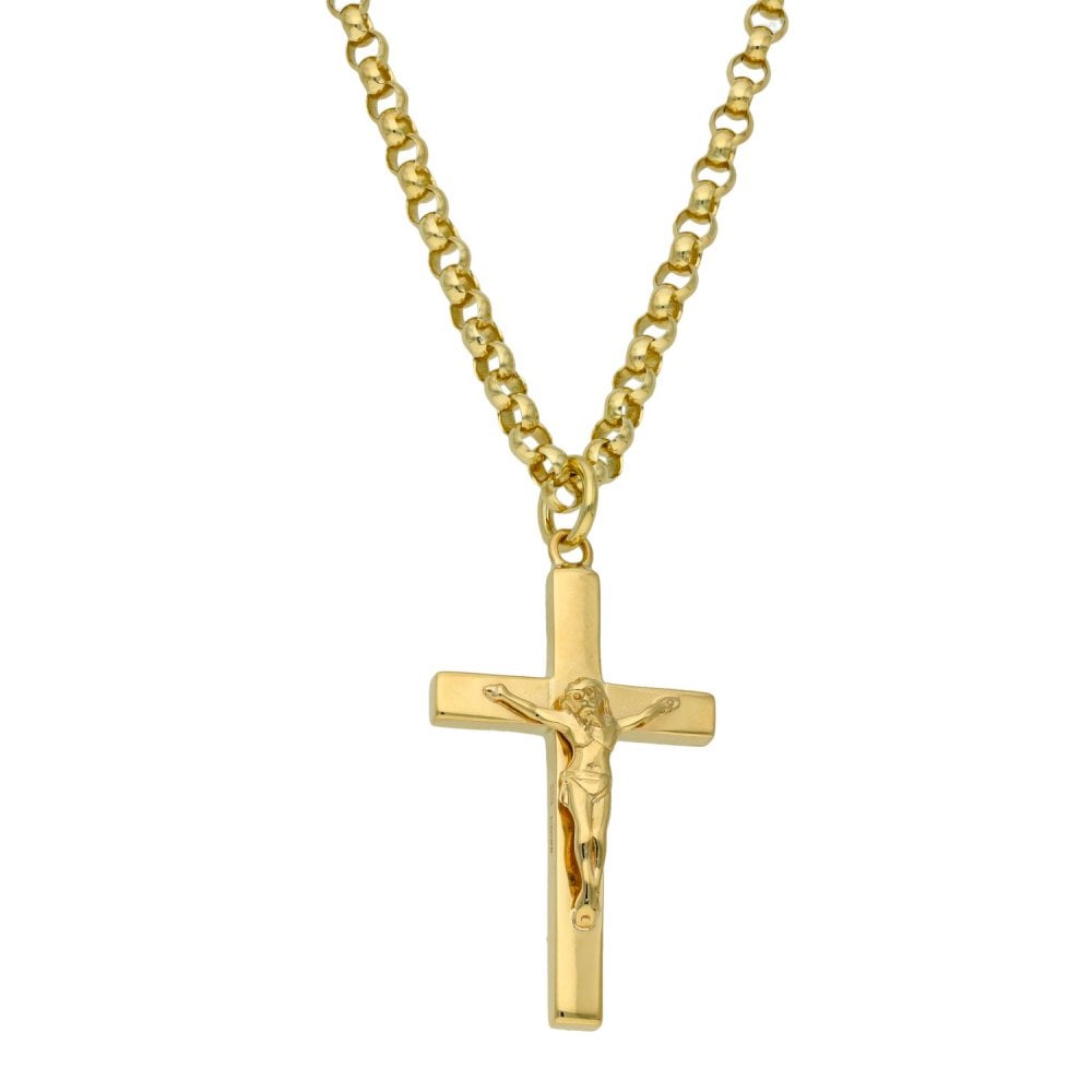 9ct Yellow Gold 22" Belcher Chain & Crucifix Pendant - 31.3g