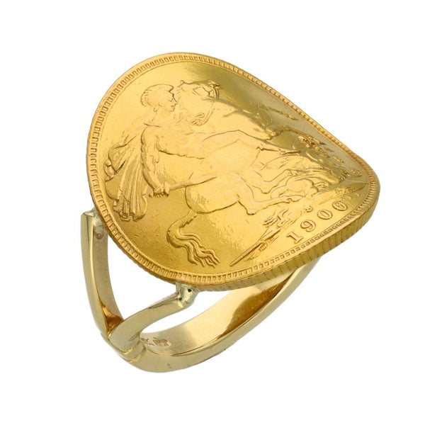 1900 Yellow Gold Full Sovereign Coin Bent Over Ring - Size R