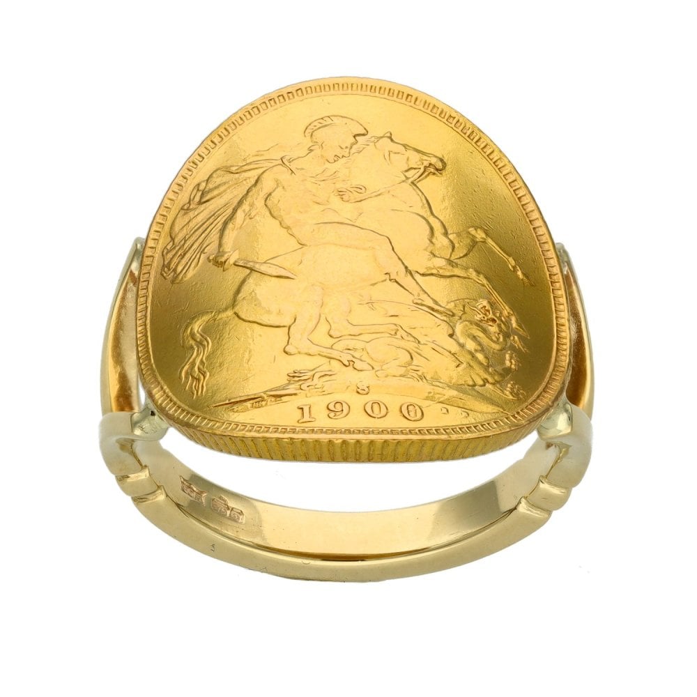 1900 Yellow Gold Full Sovereign Coin Bent Over Ring - Size R