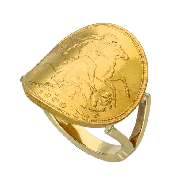 1900 Yellow Gold Full Sovereign Coin Bent Over Ring - Size R