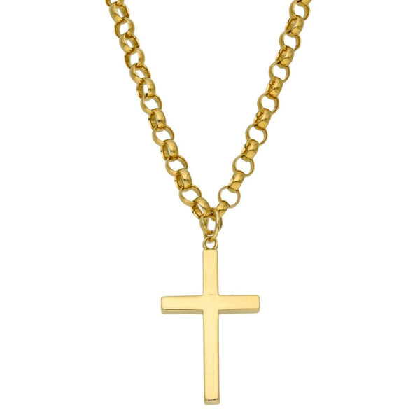 9ct Yellow Gold Plain Block Cross & 22" Belcher Chain