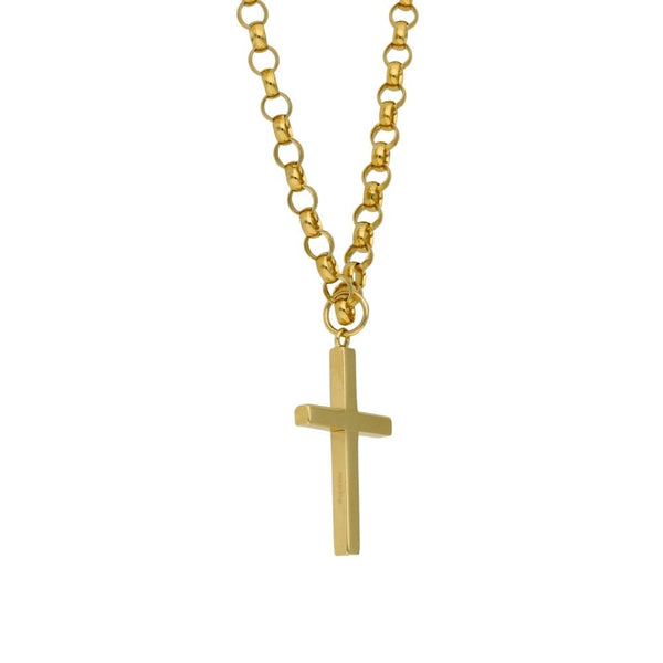 9ct Yellow Gold Plain Block Cross & 22" Belcher Chain