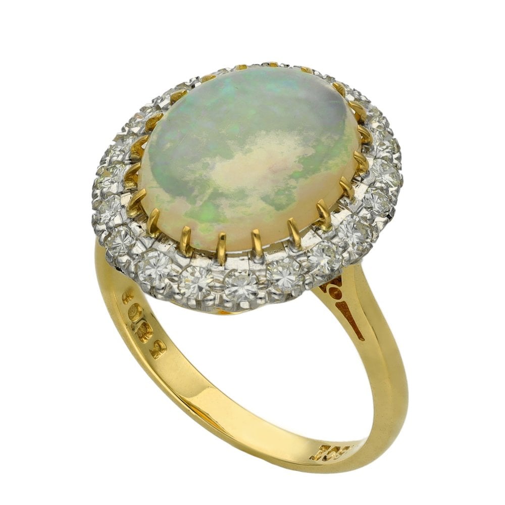 Ladies 18ct Yellow Gold Diamond & Opal Cluster Ring - Size N