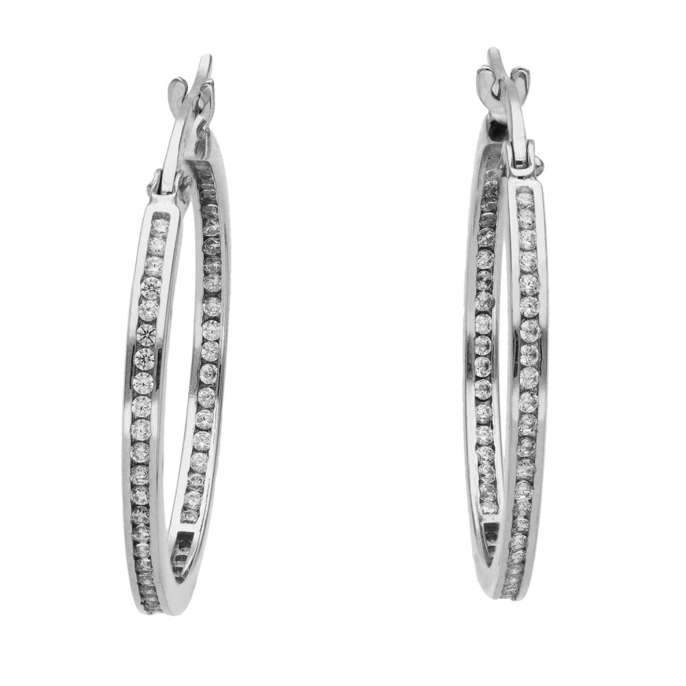 Ladies 9ct White Gold Cubic Zirconia Hoop Earrings - 3.1g