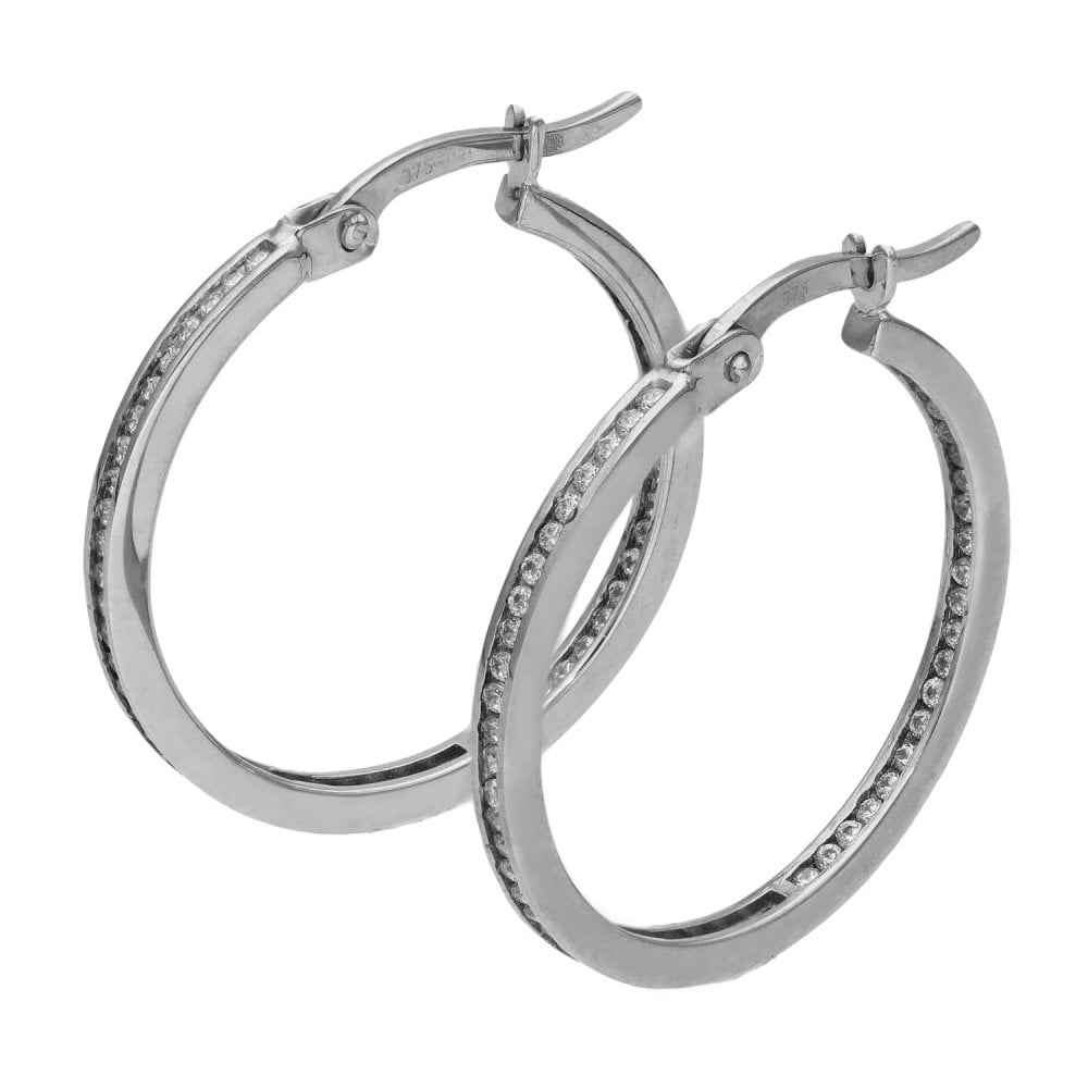 Ladies 9ct White Gold Cubic Zirconia Hoop Earrings - 3.1g