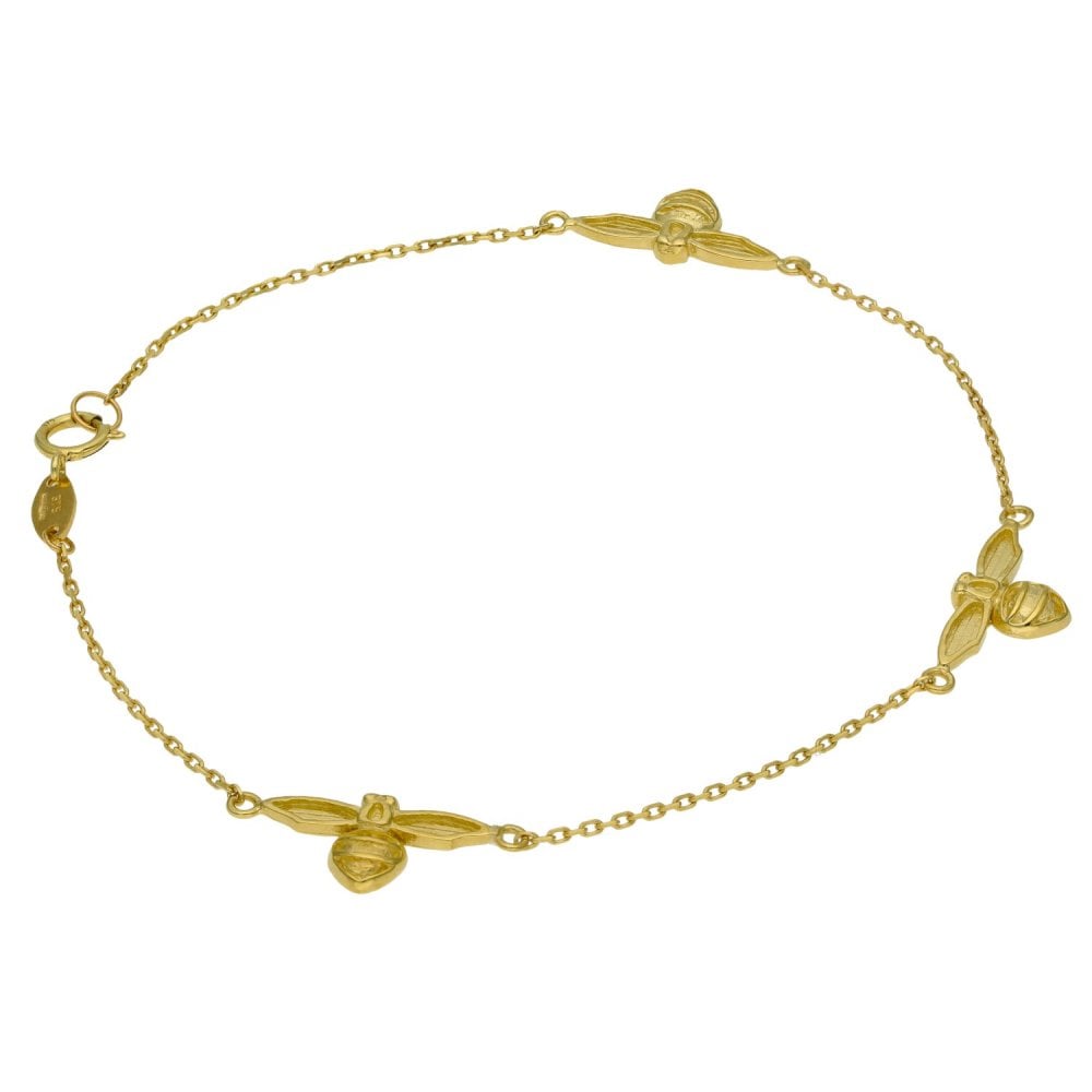 9ct Yellow Gold Bee Motif Trace Bracelet - 7" - 1.9g
