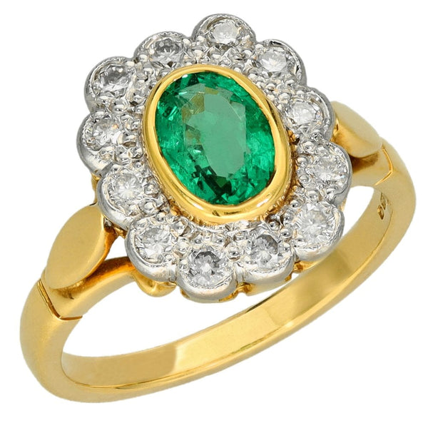 Ladies 18ct Yellow Gold Oval Emerald & Diamond Cluster Ring