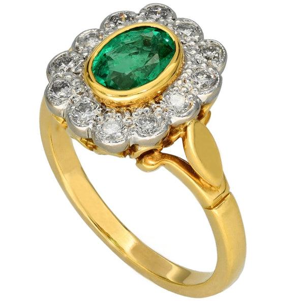 Ladies 18ct Yellow Gold Oval Emerald & Diamond Cluster Ring