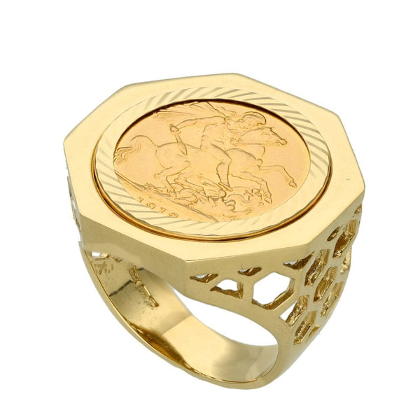 1912 Yellow Gold Full Sovereign Coin Ring - 19.3g - Size Y