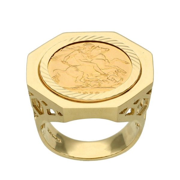 1912 Yellow Gold Full Sovereign Coin Ring - 19.3g - Size Y
