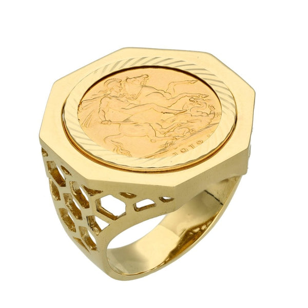 1912 Yellow Gold Full Sovereign Coin Ring - 19.3g - Size Y