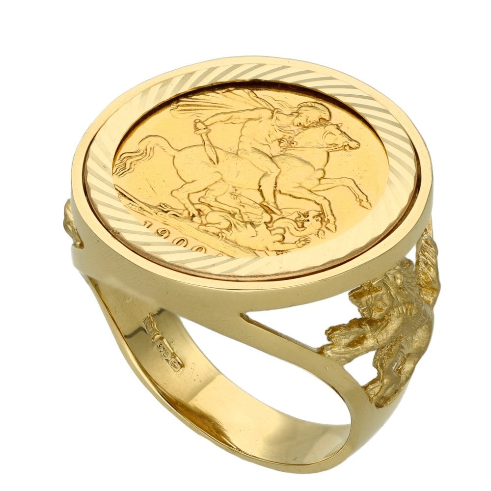1900 Yellow Gold Full Sovereign Coin Ring - 15.8g - Size X