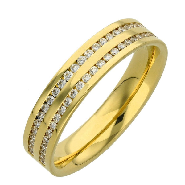 18ct Yellow Gold Two Row Diamond Set Band Ring - Size S