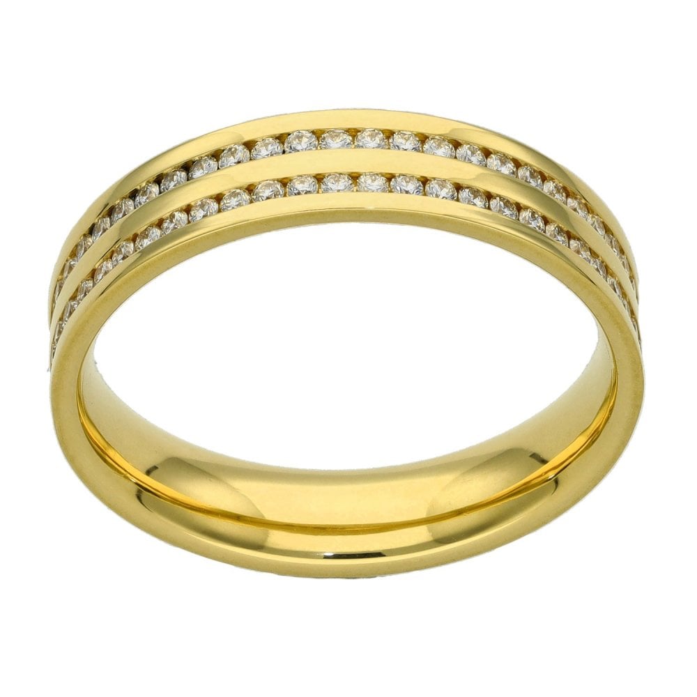18ct Yellow Gold Two Row Diamond Set Band Ring - Size S