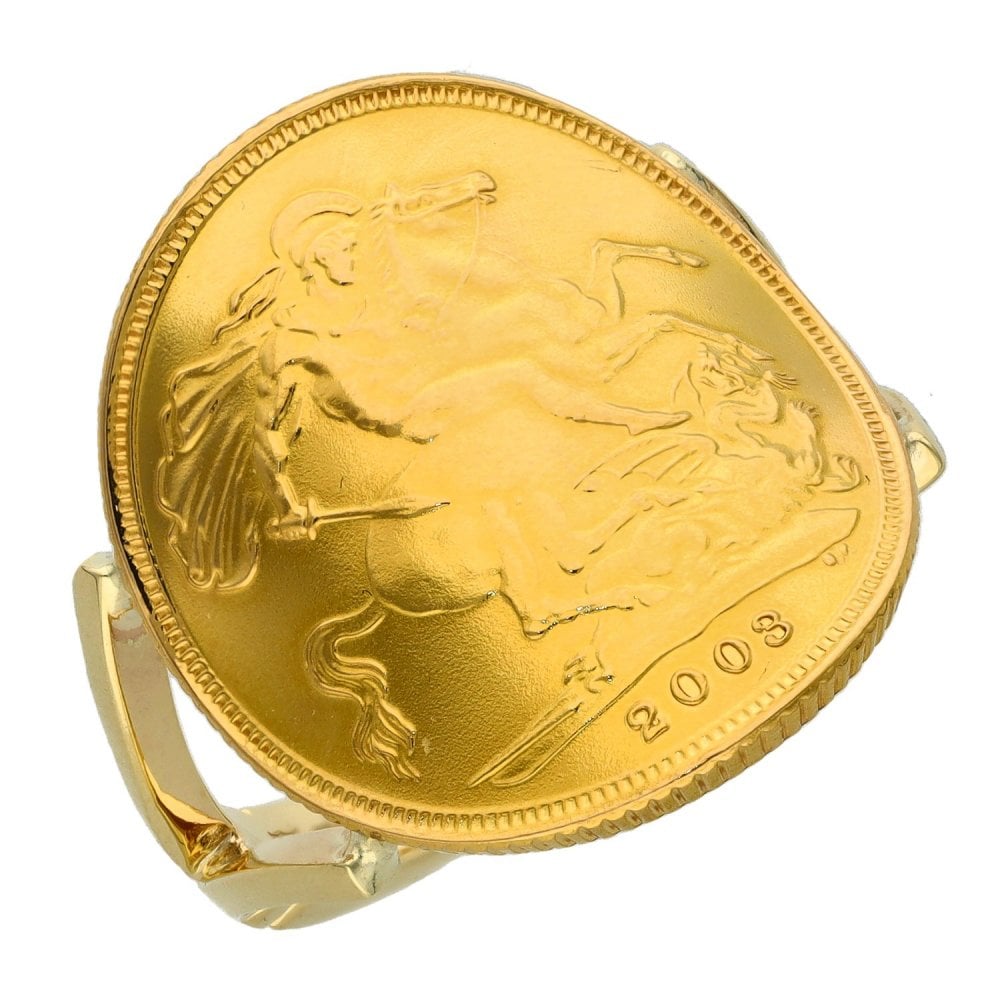2003 Yellow Gold Full Sovereign Coin Bent Over Ring - 10.8g