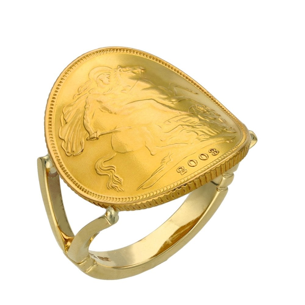 2003 Yellow Gold Full Sovereign Coin Bent Over Ring - 10.8g
