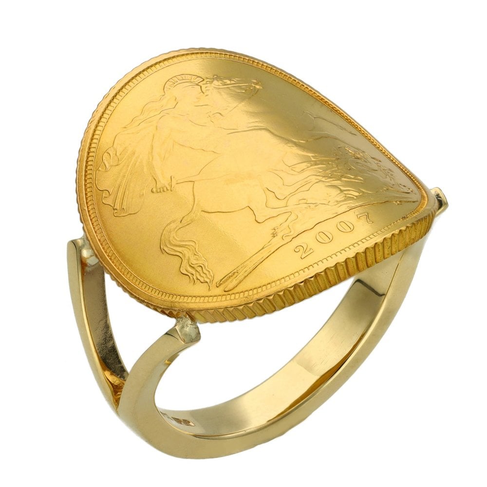 2007 Yellow Gold Full Sovereign Coin Bent Over Ring - 10.9g