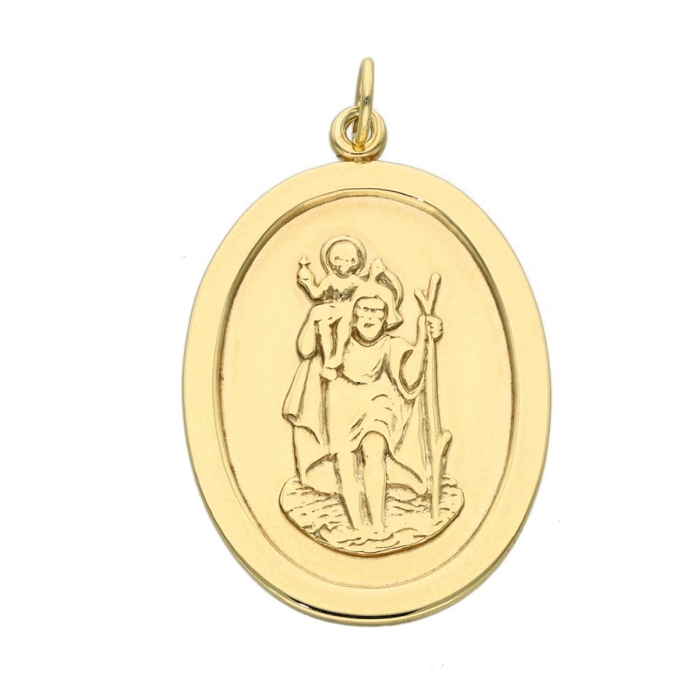 9ct Yellow Gold Large Plain Oval St. Christopher Pendant - 4.9g