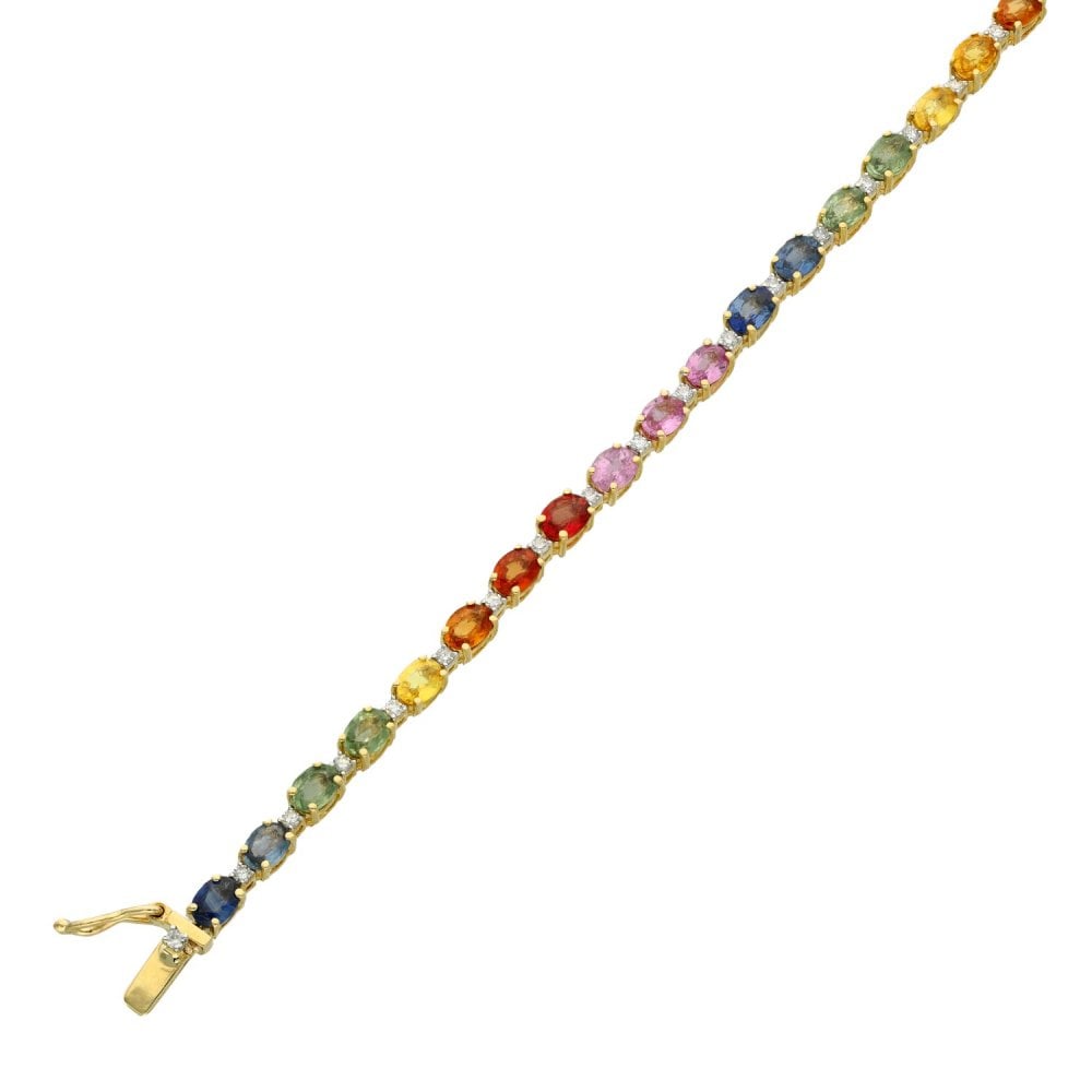 Ladies 9ct Yellow Gold Coloured Stone Set Tennis Bracelet - 7"