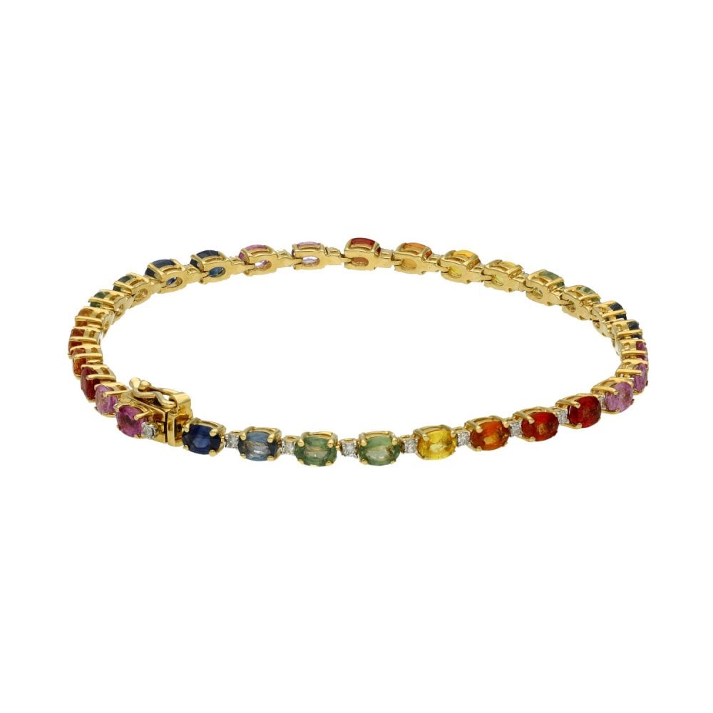 Ladies 9ct Yellow Gold Coloured Stone Set Tennis Bracelet - 7"