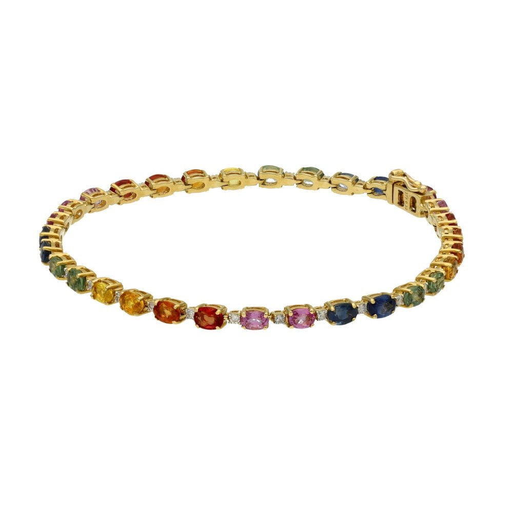 Ladies 9ct Yellow Gold Coloured Stone Set Tennis Bracelet - 7"